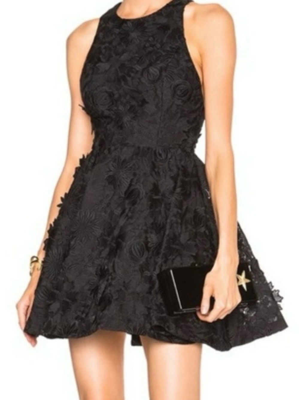 Alice + Olivia Vavavoom Black 3d Floral Appliqué Fit-and-Flare Dress